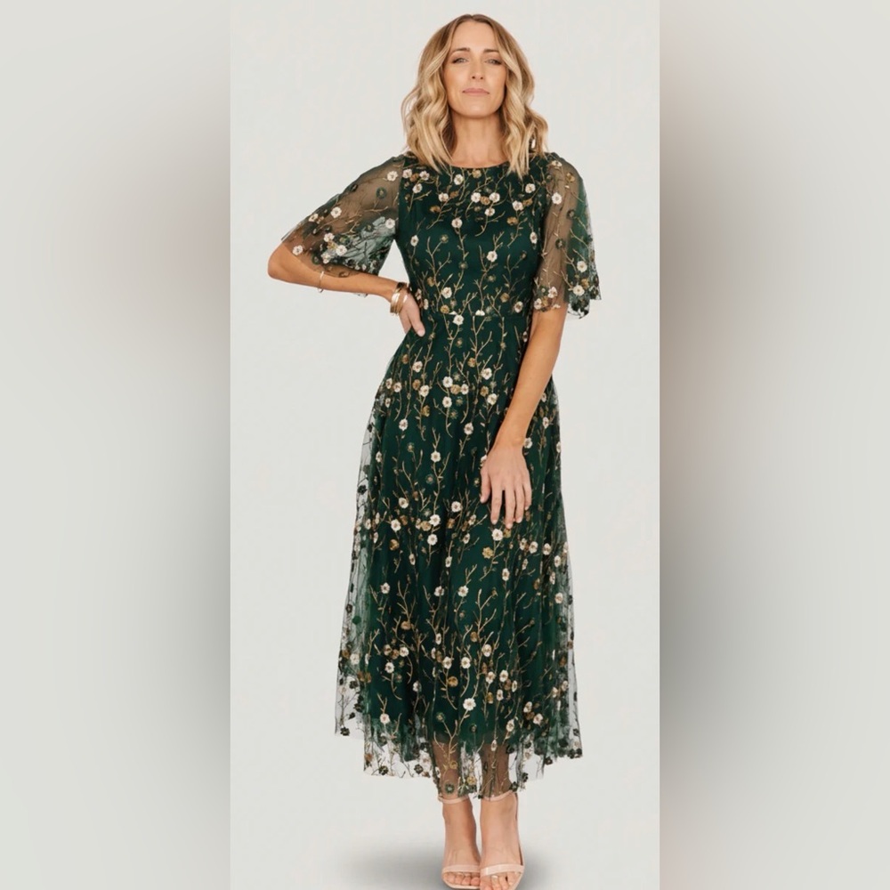 Baltic Born Dark Green Embroidered Floral Maxi Dress